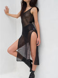 Robe Transparente Sexy De Couleur Unie Avec Bretelles En Maille
