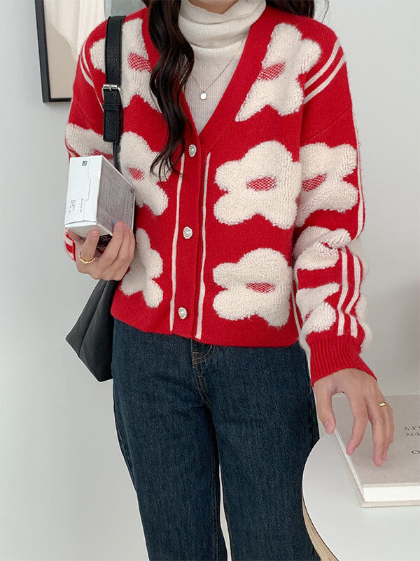 Airchics cardigans fleurie boutonnage femme mode rouge noël