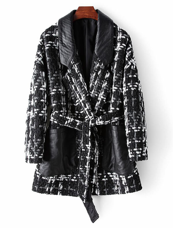 Airchics manteau en tweed simili cuir avec poches ceinture femme mode