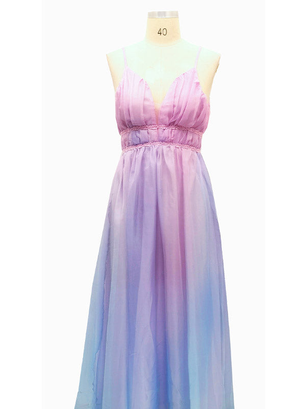 Violet Longue Robe Couleur Dégradé Bleu et Rose Décolleté dos Chic