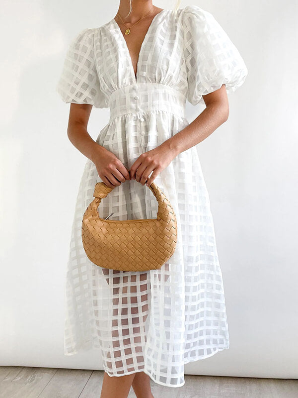 Airchics mi-longue robe carreaux boutonnage manches bouffantes mode