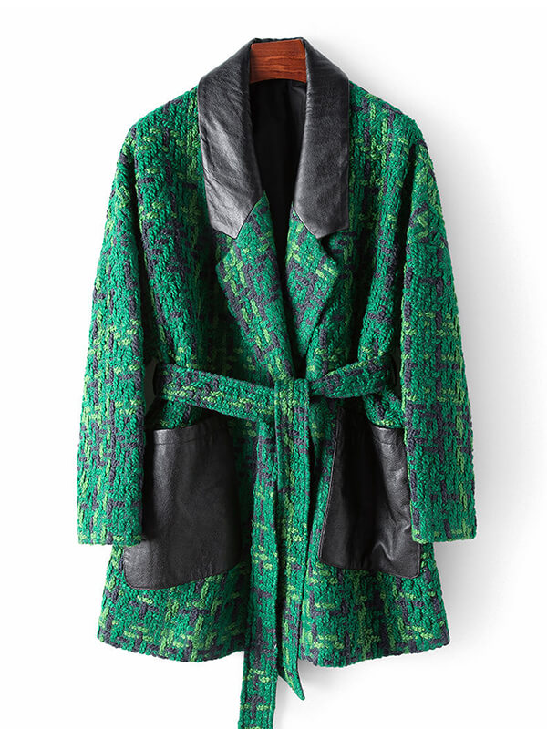 Airchics manteau en tweed simili cuir avec poches ceinture femme mode