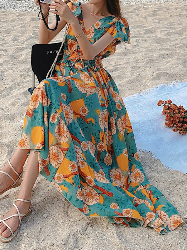 Airchics robe longue mousseline imprimé à fleurie dos nu de plage