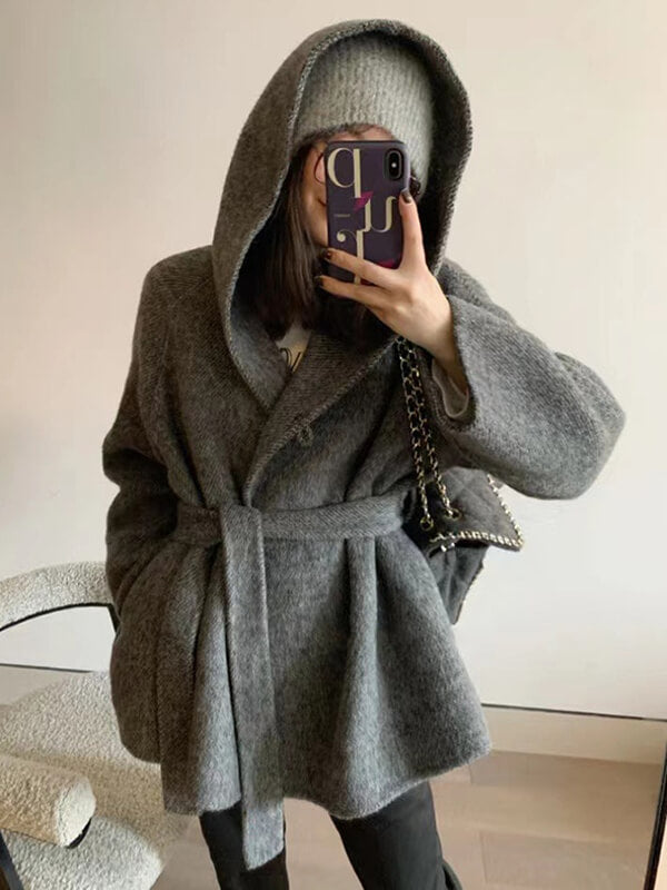 Airchics manteau en laine avec ceinture à capuche femme mode