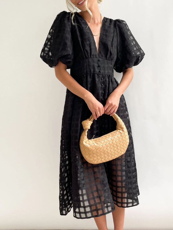 Airchics mi-longue robe carreaux boutonnage manches bouffantes mode