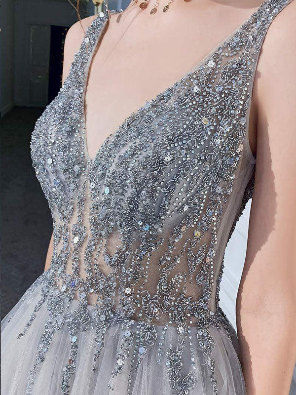 Airchics Robe De Soirée À Sequins Fendus Et Décolleté En V Profond