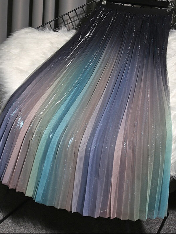 Jupe Trapèze En Maille Dégradé De Couleurs Plissée Mi-longue