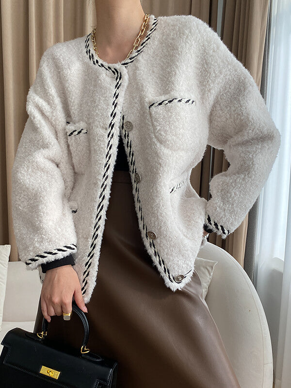 Airchics manteau teddy coat tweed rayé boutonnage avec poches femme mode