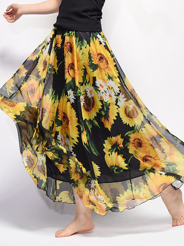 Airchics jupe longue mousseline imprimé tournesol taille élastique femme mode