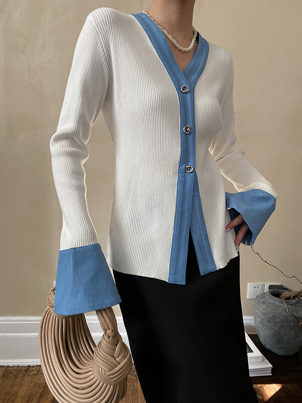 Airchics cardigans jean couleur bloc boutonnage manches trompette femme mode