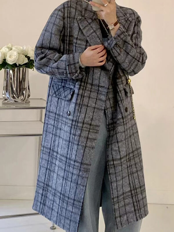 Airchics manteau en laine carreaux double boutonnage avec poches col revers femme mode