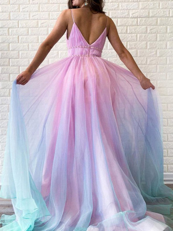 Violet Longue Robe Couleur Dégradé Bleu et Rose Décolleté dos Chic