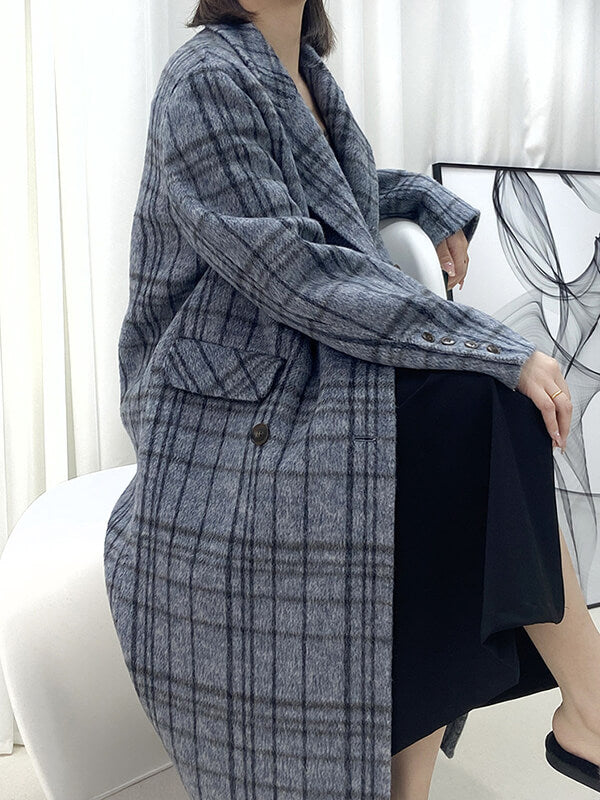 Airchics manteau en laine carreaux double boutonnage avec poches col revers femme mode