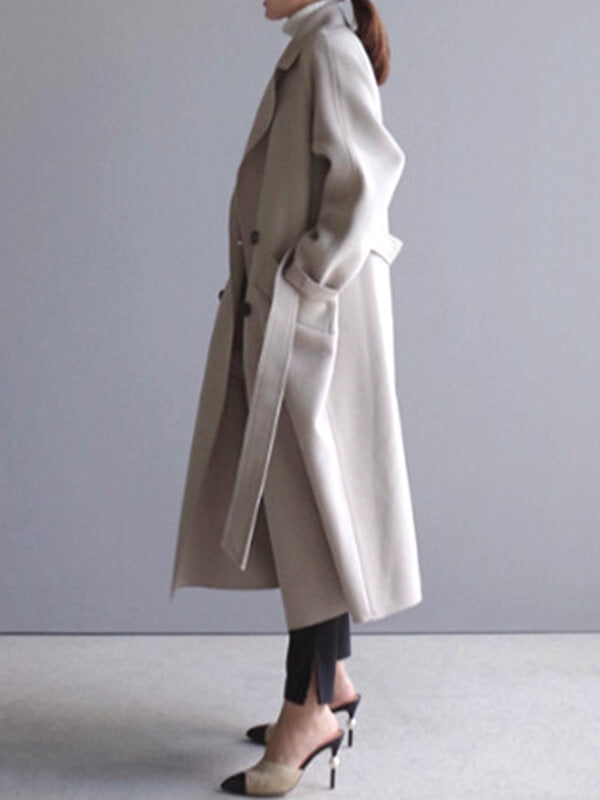 Élégant Manteau Longue en Laine Double Boutonnage avec Poches Femme