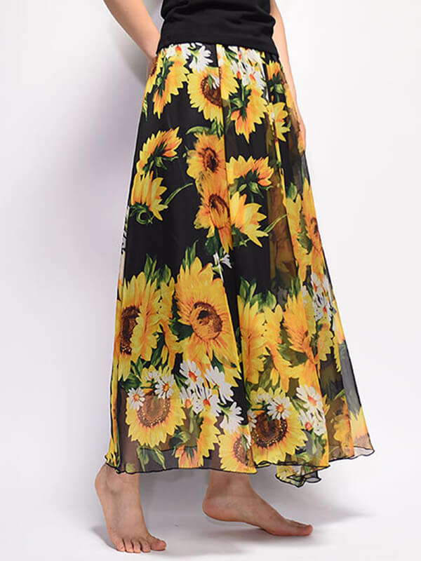 Airchics jupe longue mousseline imprimé tournesol taille élastique femme mode