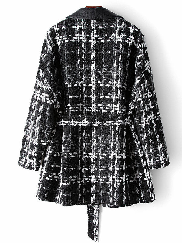 Airchics manteau en tweed simili cuir avec poches ceinture femme mode