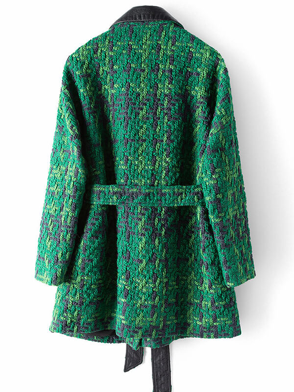 Airchics manteau en tweed simili cuir avec poches ceinture femme mode