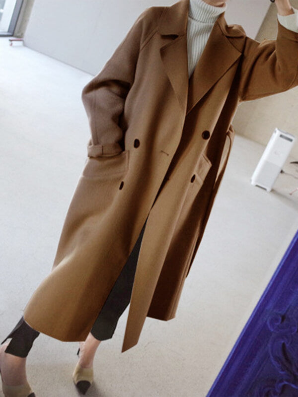 Élégant Manteau Longue en Laine Double Boutonnage avec Poches Femme