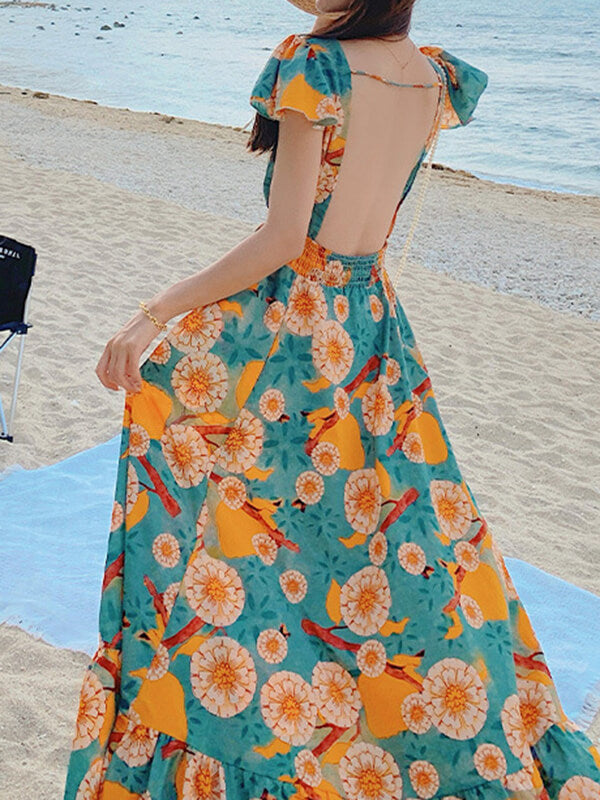 Airchics robe longue mousseline imprimé à fleurie dos nu de plage