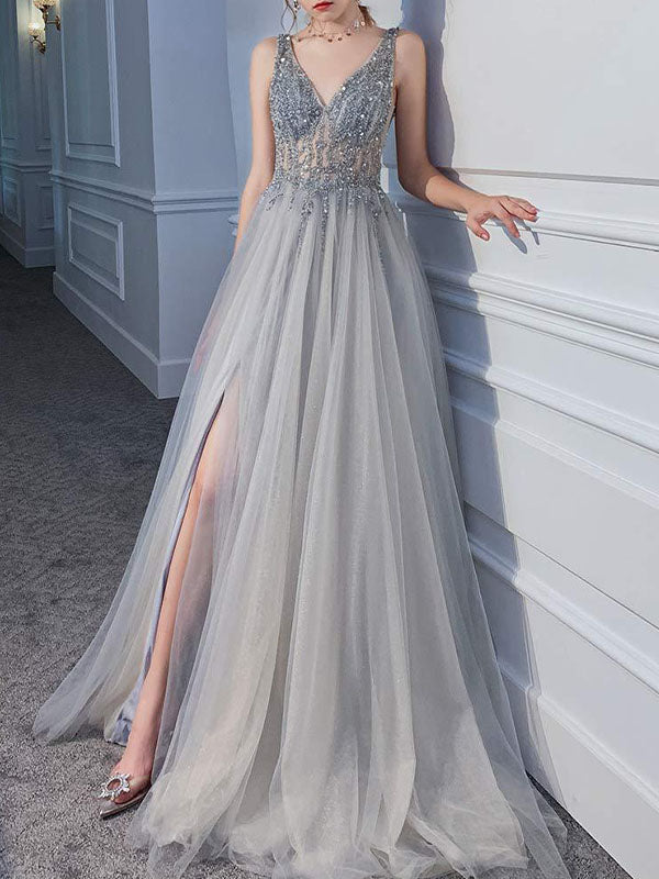 Airchics Robe De Soirée À Sequins Fendus Et Décolleté En V Profond