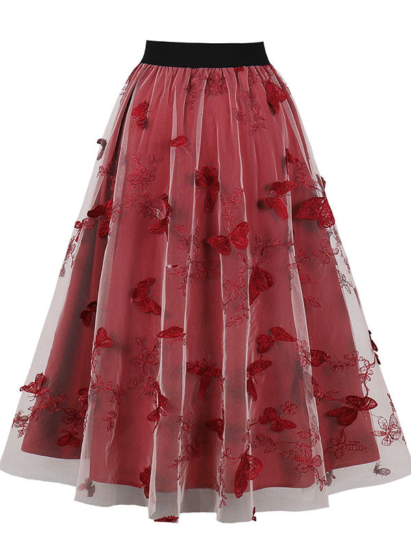 Airchics jupe longue tulle brodée femme élégant rouge