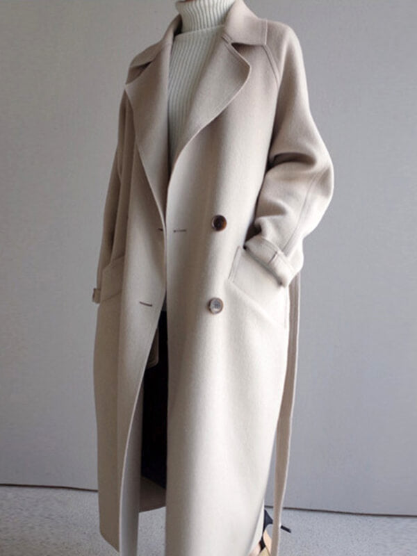 Élégant Manteau Longue en Laine Double Boutonnage avec Poches Femme