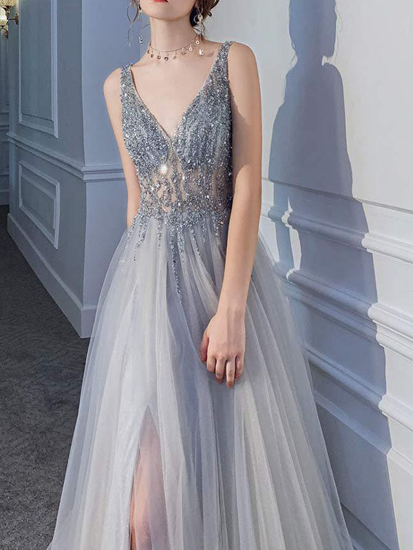 Airchics Robe De Soirée À Sequins Fendus Et Décolleté En V Profond