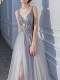 Airchics Robe De Soirée À Sequins Fendus Et Décolleté En V Profond
