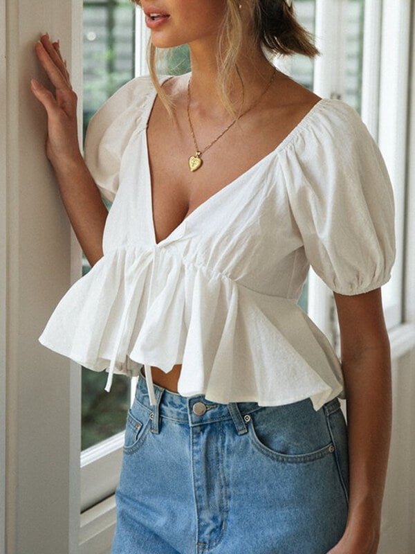 Airchics hauts court à volantée strappy dos nu v-cou femme mode blanche