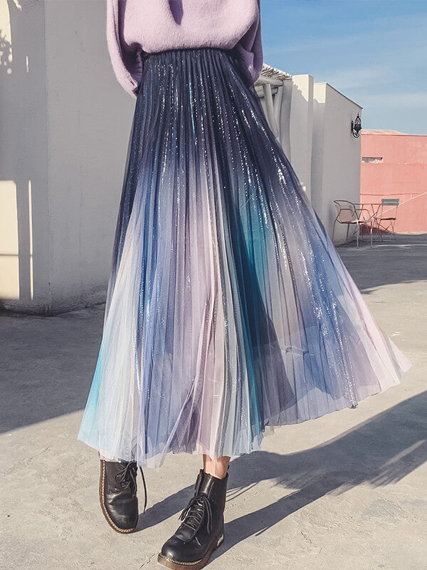 Jupe Trapèze En Maille Dégradé De Couleurs Plissée Mi-longue