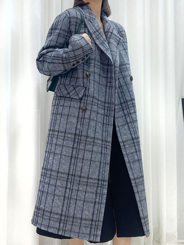 Airchics manteau en laine carreaux double boutonnage avec poches col revers femme mode