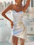 Airchics Robe Frangée À Bretelles En Sequins Argentés
