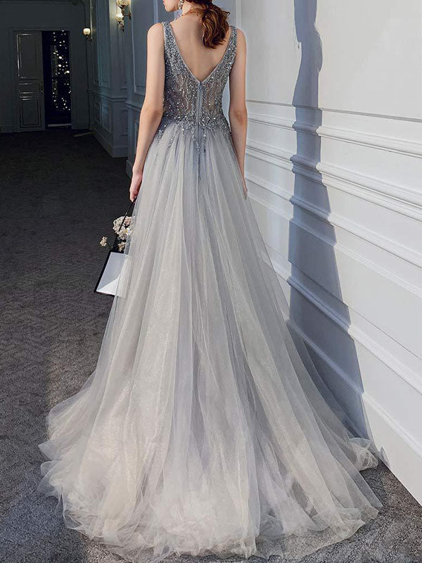 Airchics Robe De Soirée À Sequins Fendus Et Décolleté En V Profond