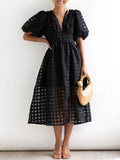 Airchics mi-longue robe carreaux boutonnage manches bouffantes mode