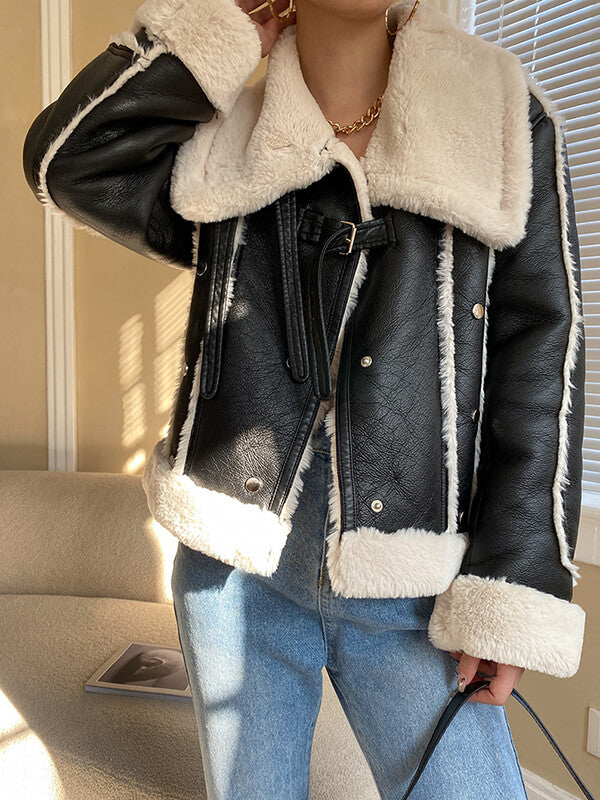 Airchics manteau aviateur simili cuir doublé polaire avec poches femme hiver