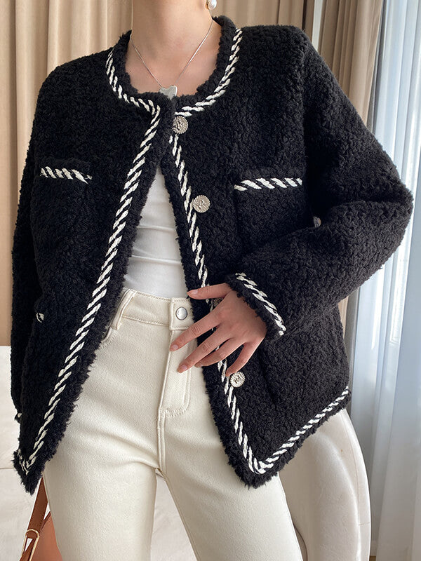 Airchics manteau teddy coat tweed rayé boutonnage avec poches femme mode