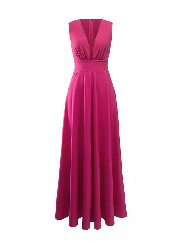 Décolleté V Profond Robe de Plage Longue Rose Framboise sans Manches