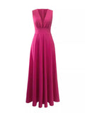 Décolleté V Profond Robe de Plage Longue Rose Framboise sans Manches