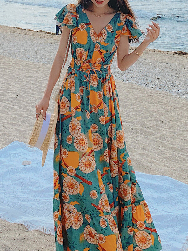 Airchics robe longue mousseline imprimé à fleurie dos nu de plage