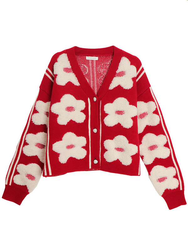 Airchics cardigans fleurie boutonnage femme mode rouge noël