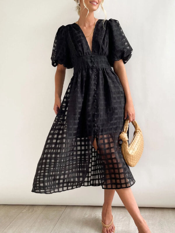 Airchics mi-longue robe carreaux boutonnage manches bouffantes mode