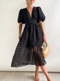 Airchics mi-longue robe carreaux boutonnage manches bouffantes mode