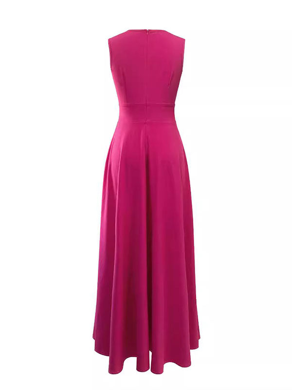 Décolleté V Profond Robe de Plage Longue Rose Framboise sans Manches