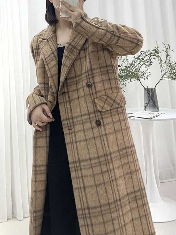 Airchics manteau en laine carreaux double boutonnage avec poches col revers femme mode