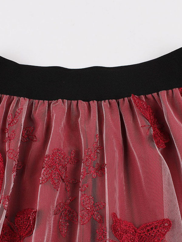 Airchics jupe longue tulle brodée femme élégant rouge