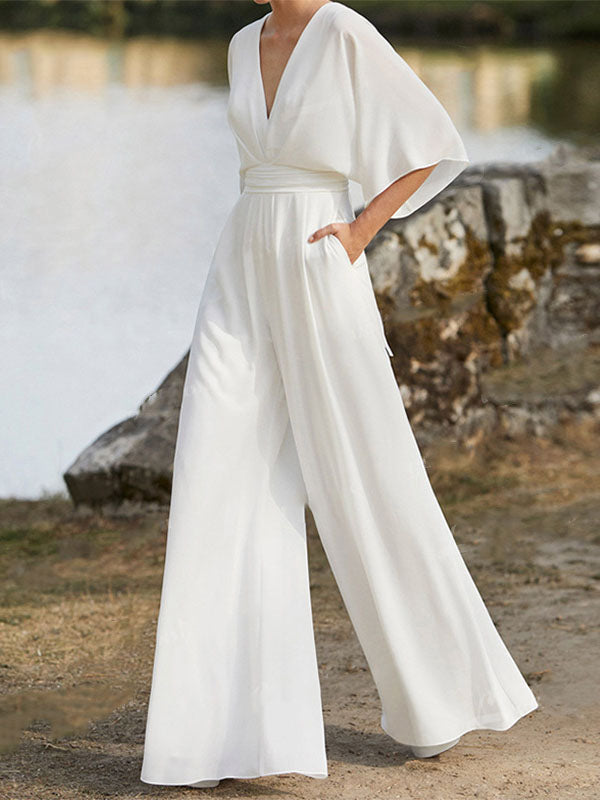 Airchics Combinaison Blanche Taille Haute En V Profond Pour Femmes