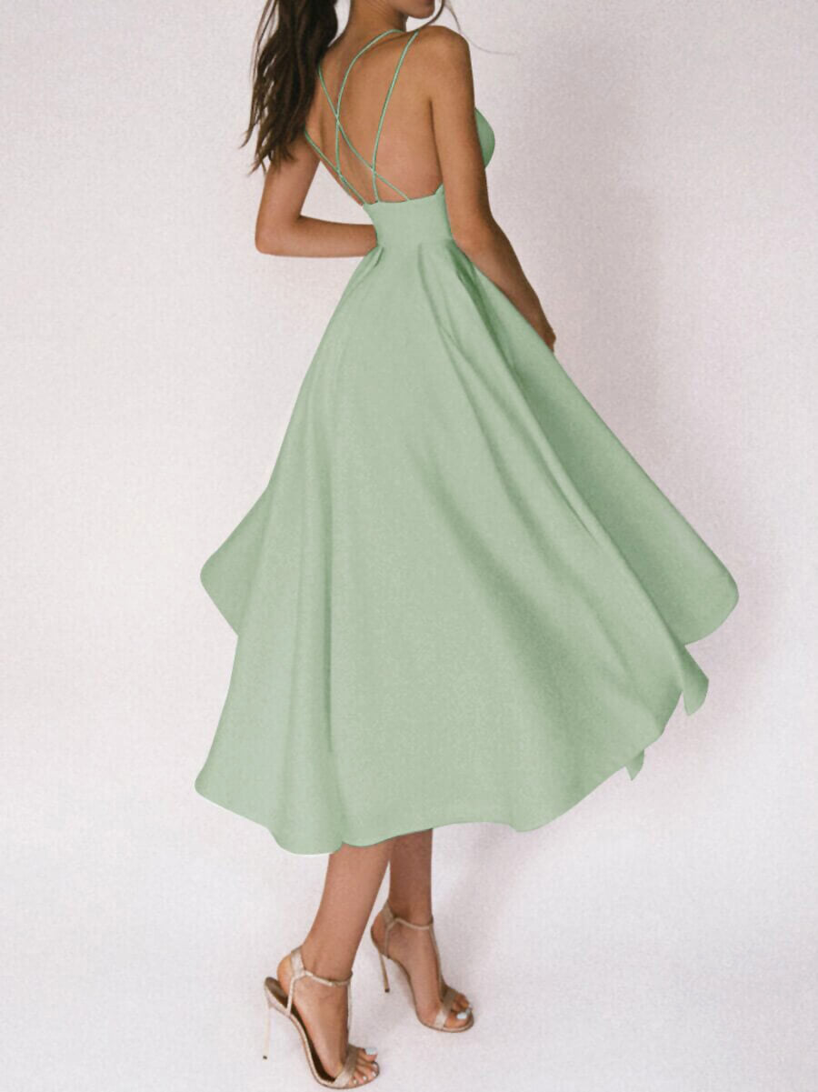 Trapèze Robe à Fines Brides de Cocktail Dos Nu et V-cou Mi-longue