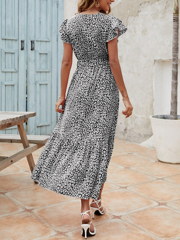 Airchics robe longue imprimé à fleurie mousseline ceinture v-cou manches courtes mode plage