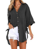 Airchics mi-longue blouse robe en lin coton boutonnage v-cou manches 3/4 femme casual chemisier