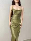 Airchcis robe longue unicolore satin fendu le côté à fines brides élégant soirée